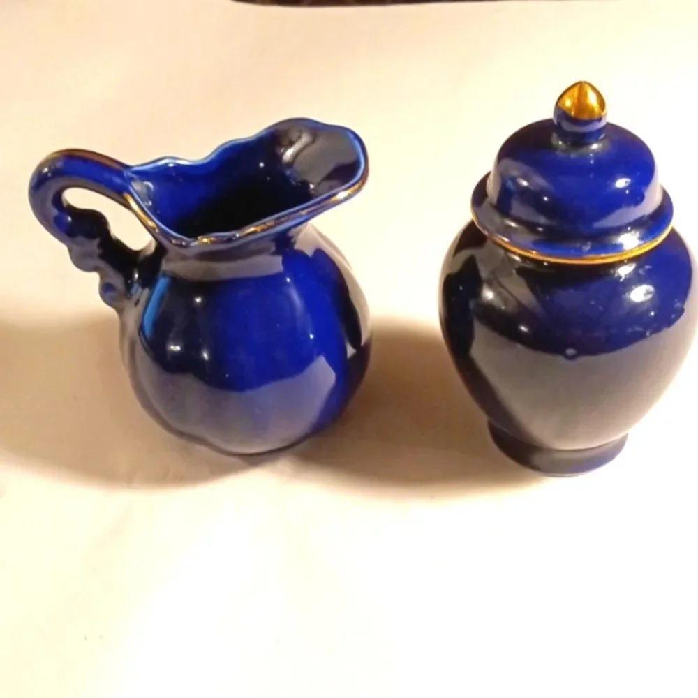 Vintage Small Japanese Cobalt Blue Pitcher and Urn with Gold Peacock and Flowers